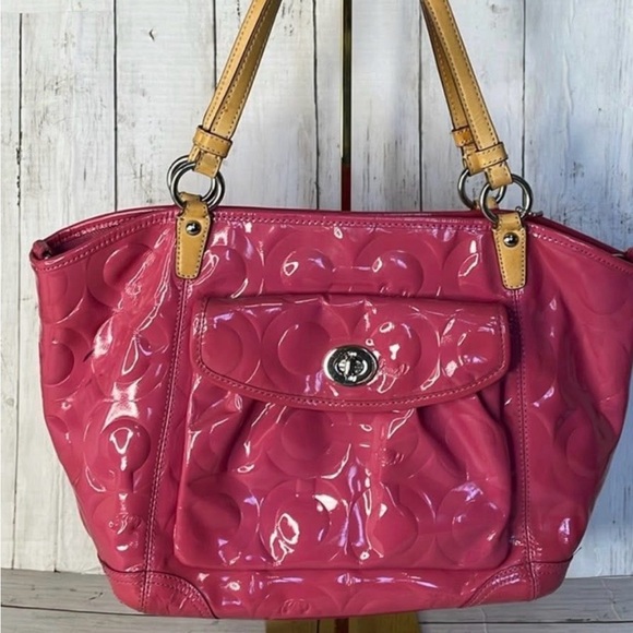 Coach Handbags - Coach Pink Patent Leather Shoulder Bag with Tan Handles